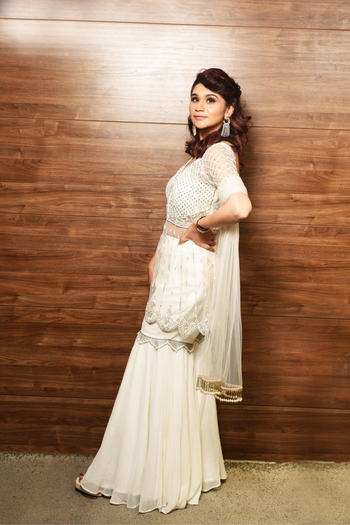 Cream Sharara Suit with Net Top
