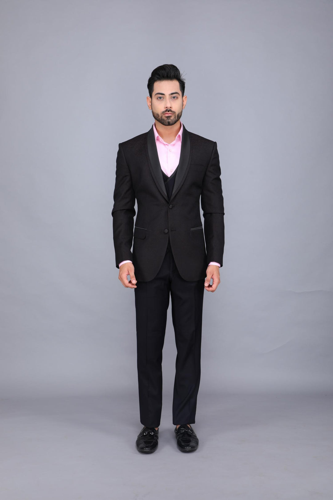Black Three-piece Business Suit with Designer Coat