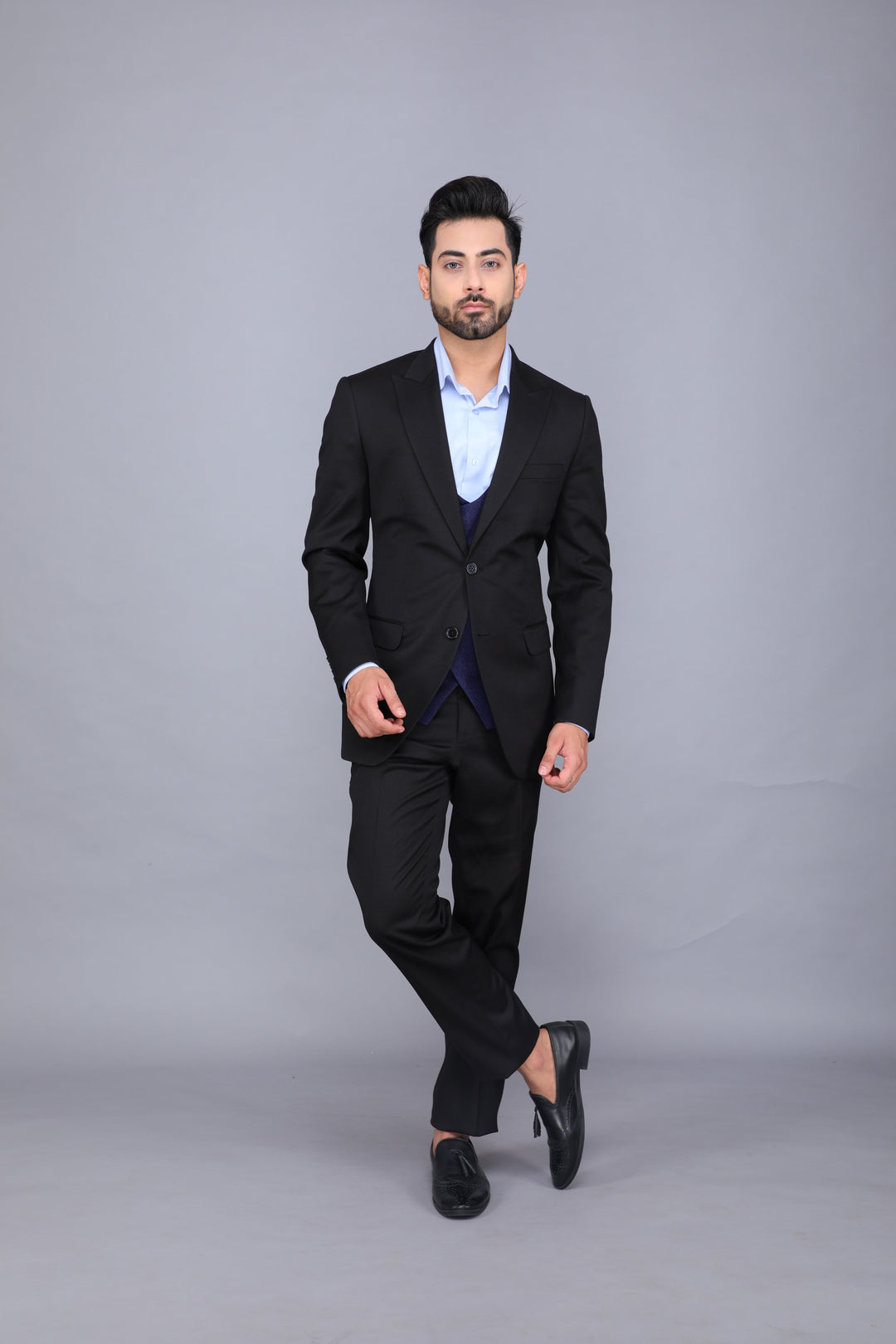 Black Three-piece Business Suit with Navy Blue Waistcoat