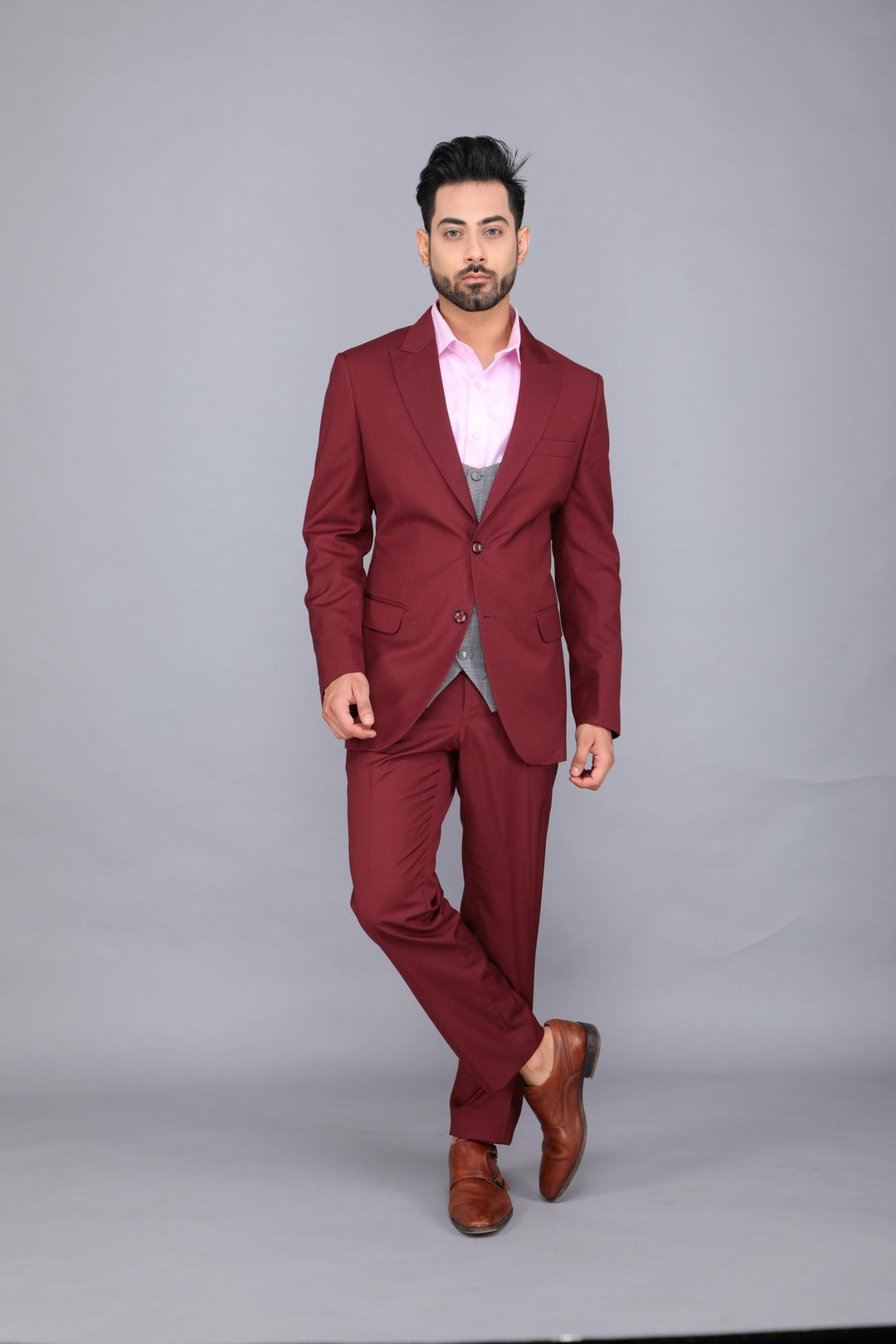 Maroon Three-piece Business Suit with Light Grey Waistcoat