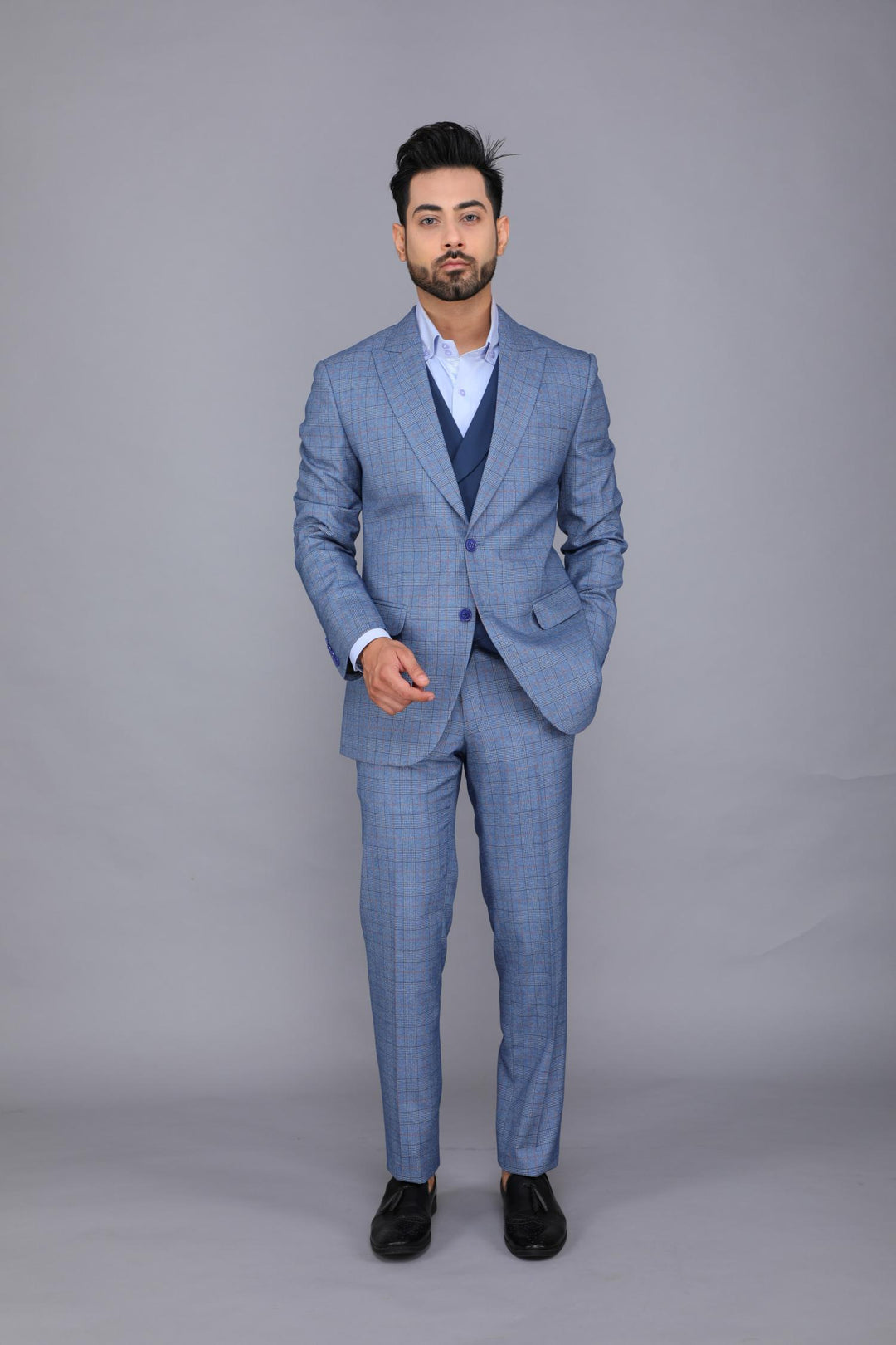 Blue Grey Three-piece Business Suit with Navy Blue Waistcoat