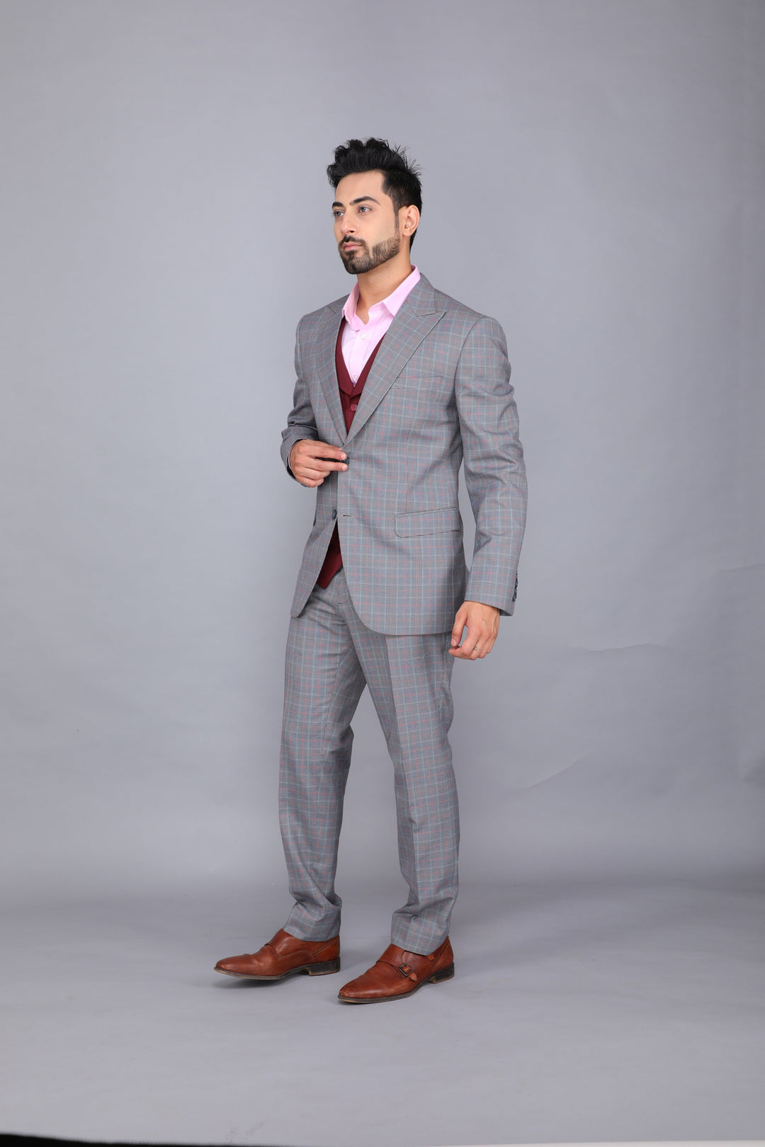 Light Grey Three-piece Business Suit with Maroon Waistcoat