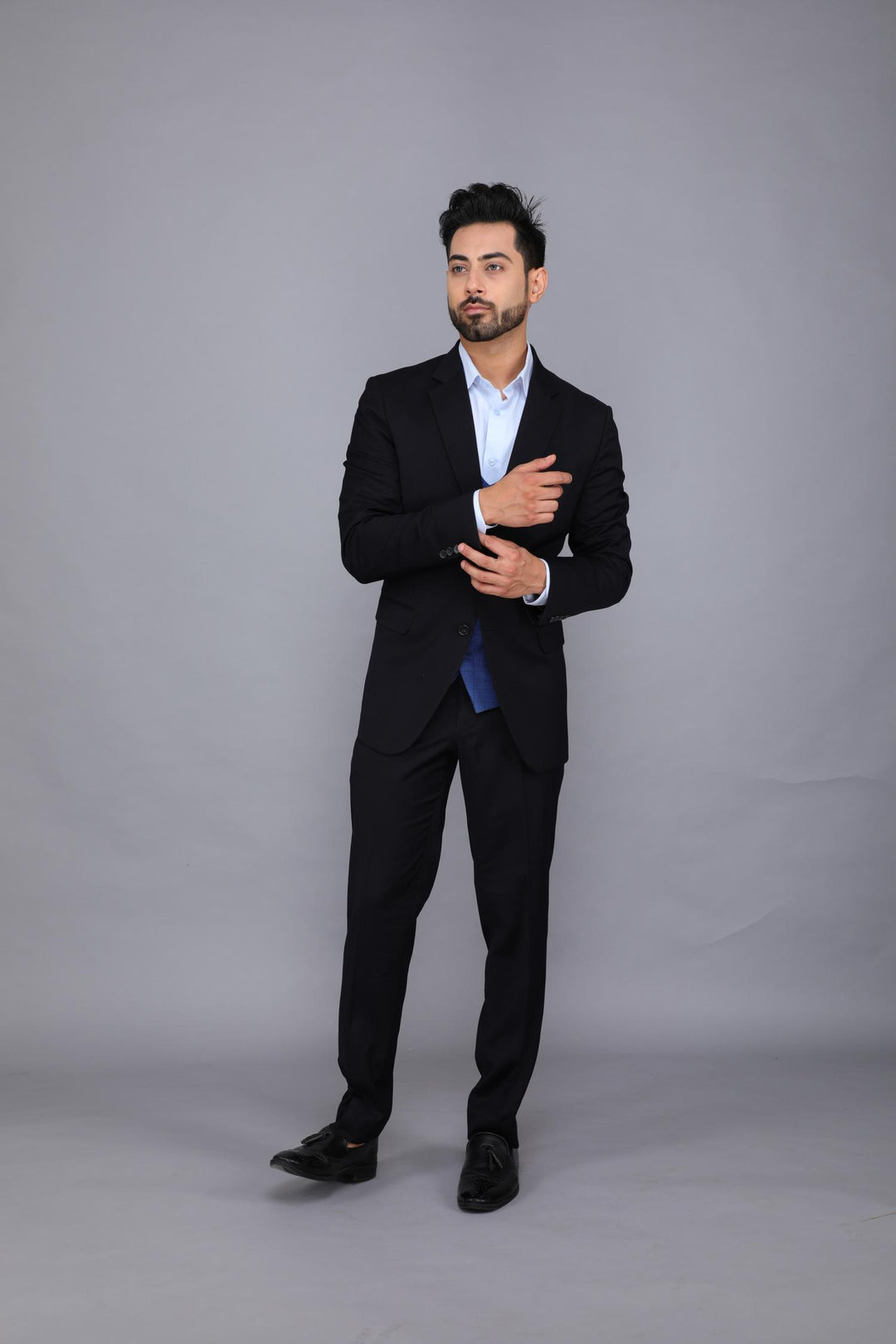 Black Three-piece Business Suit with Emerald Blue Waistcoat