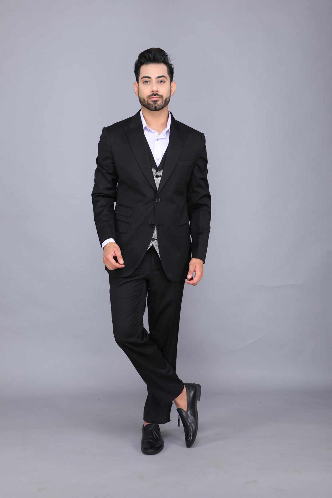 Black Three-piece Business Suit with Cream Waistcoat