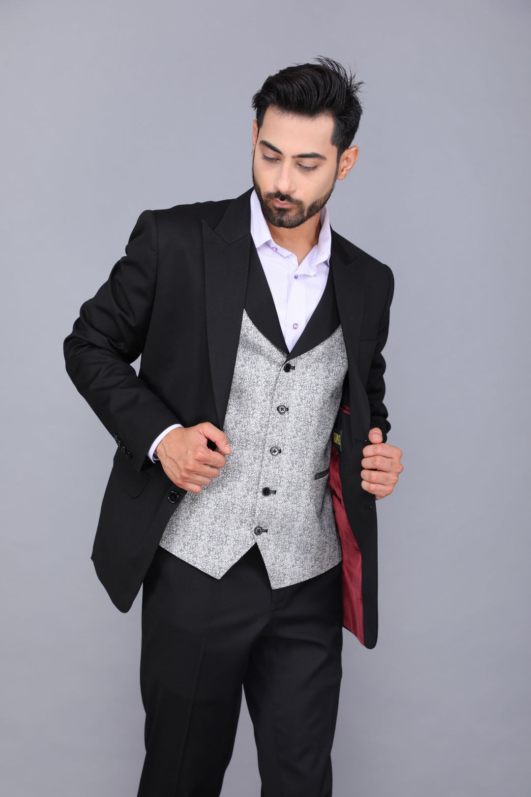 Black Three-piece Business Suit with Cream Waistcoat