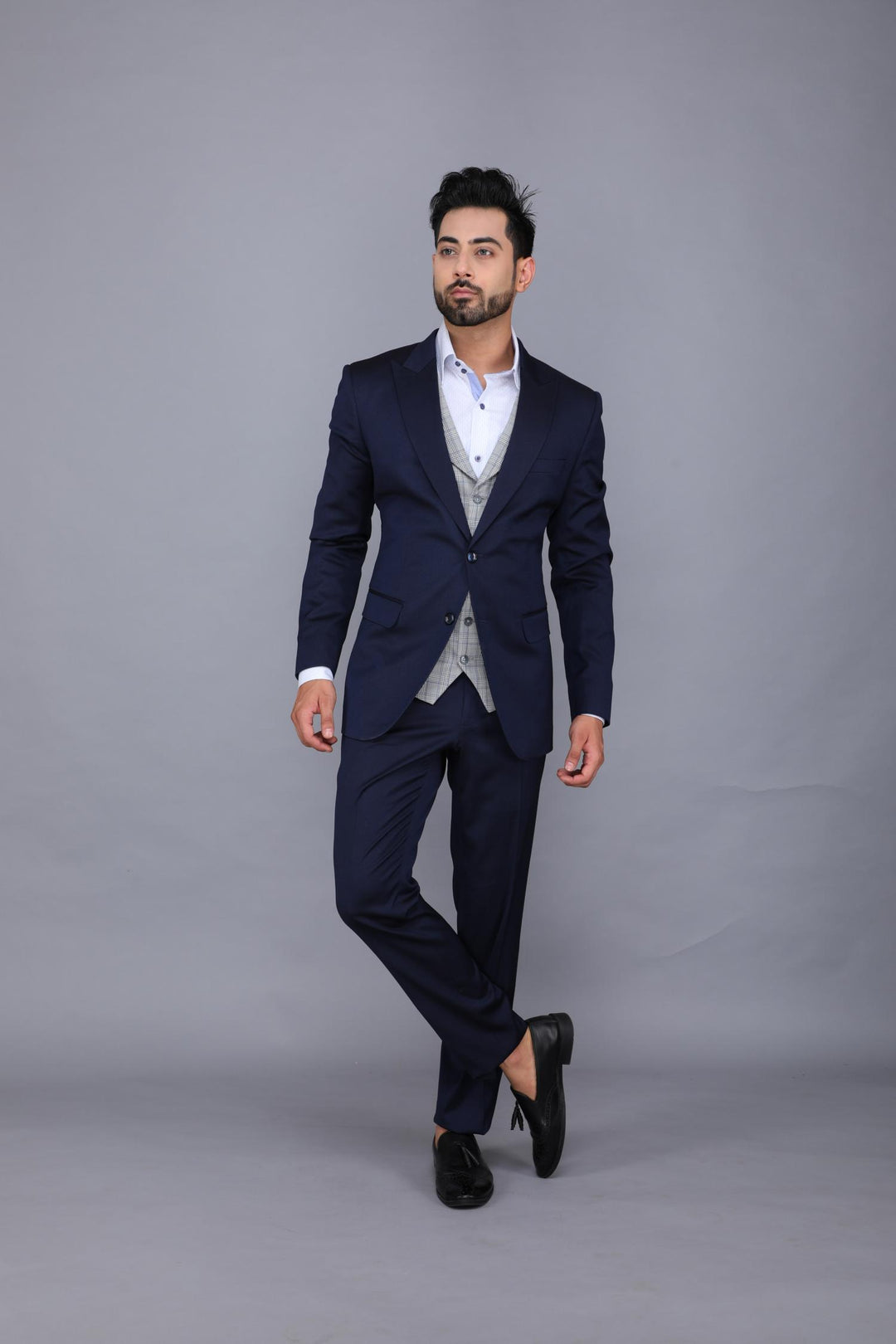 Navy Blue Three-piece Business Suit with Beige Waistcoat