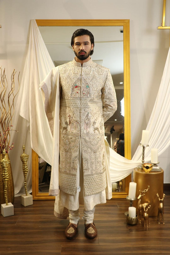 Ivory raw silk hand embroidered sherwani set