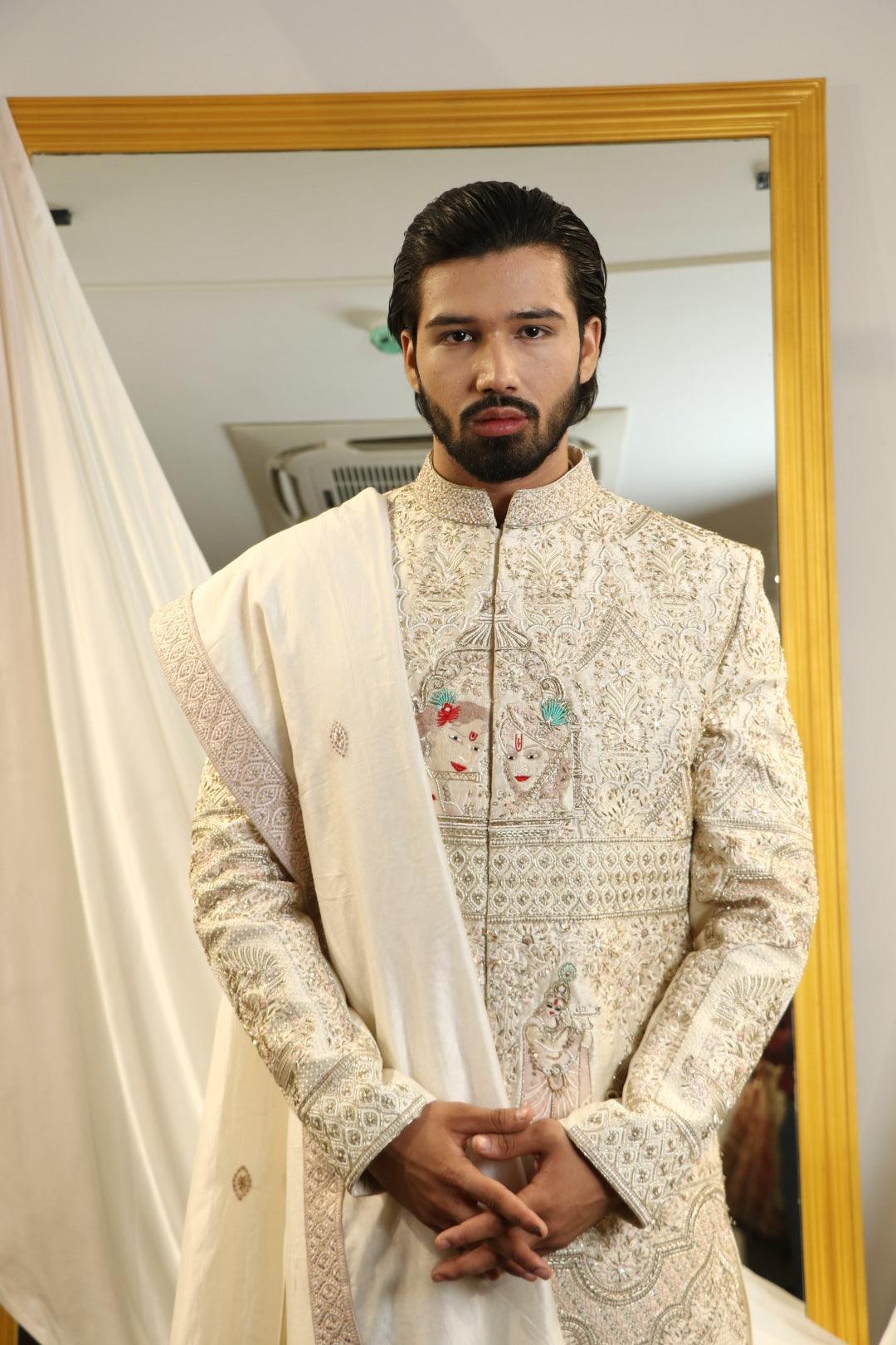 Ivory raw silk hand embroidered sherwani set