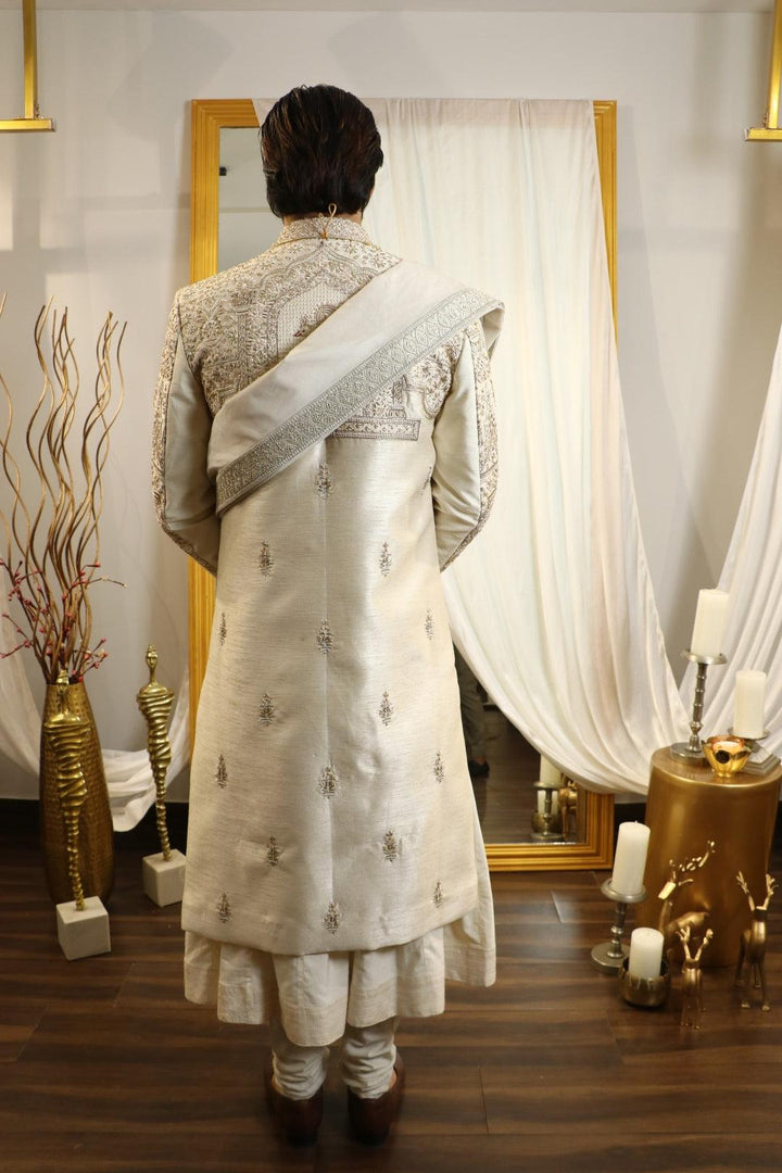 Ivory raw silk hand embroidered sherwani set