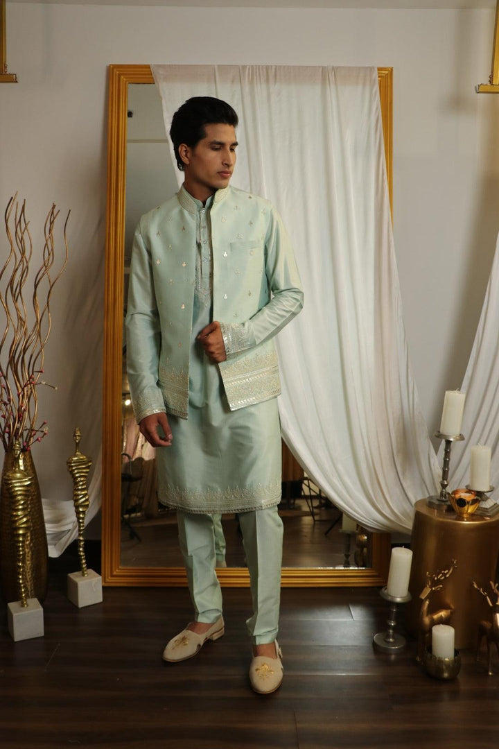 Mint Green Cotton Silk Thread Embroidered Indowestern Set