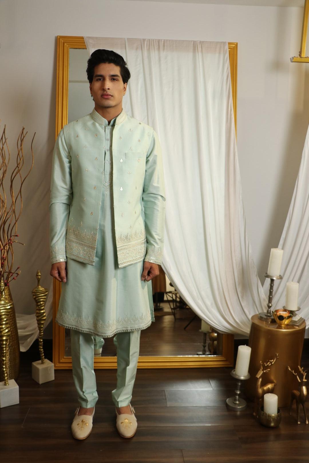 Mint Green Cotton Silk Thread Embroidered Indowestern Set