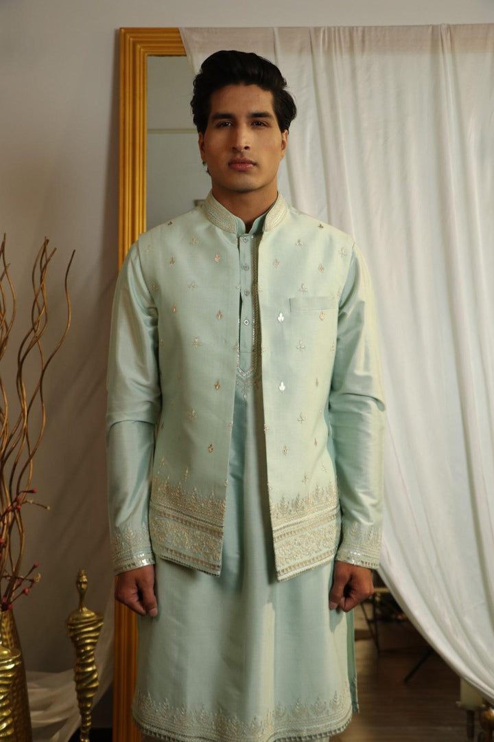 Mint Green Cotton Silk Thread Embroidered Indowestern Set