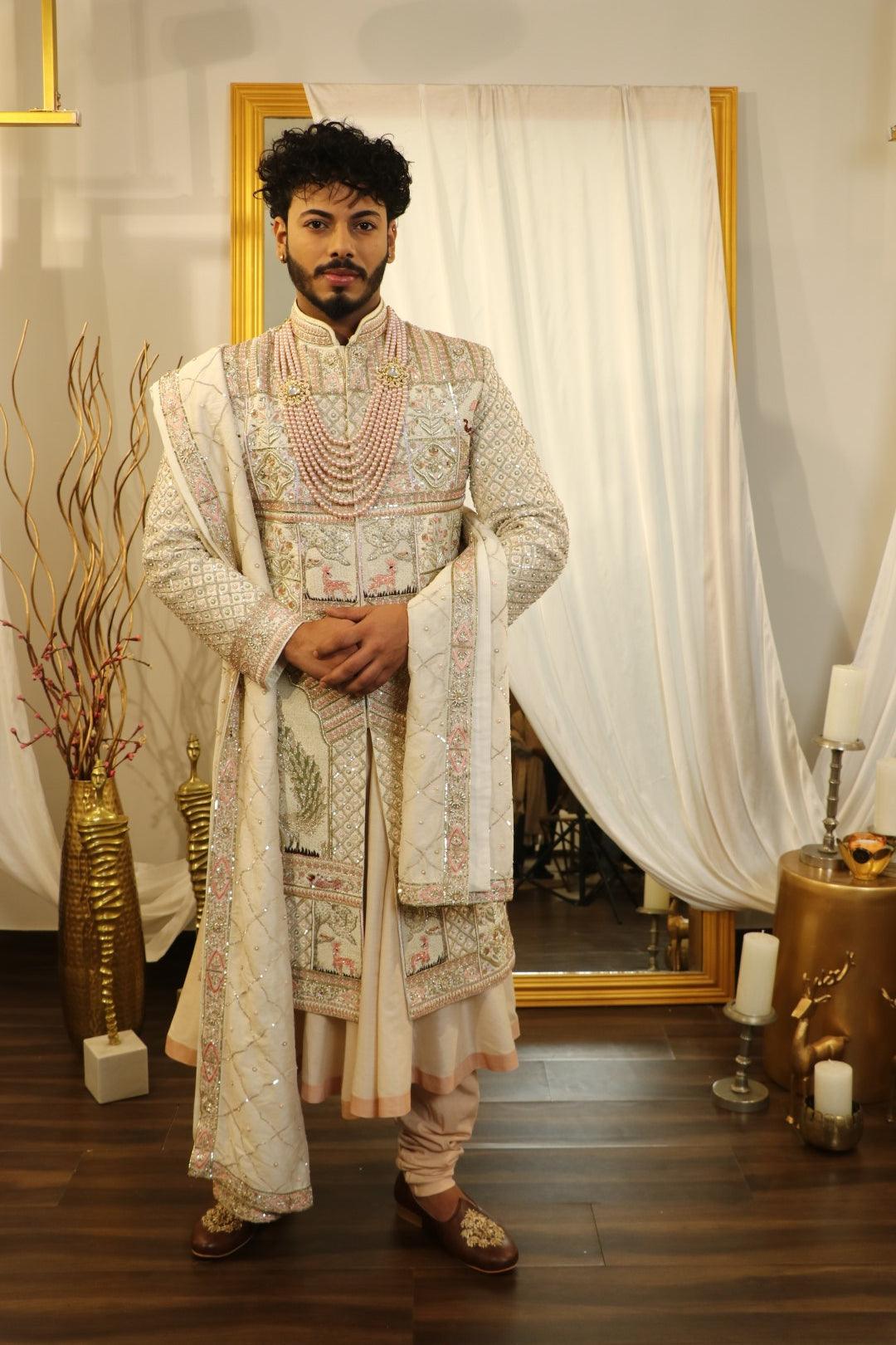 Ivory raw silk zardozi embroidered sherwani set