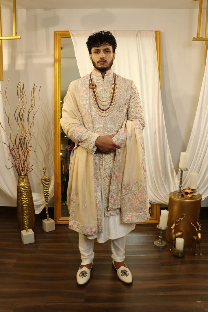 Cream raw silk zardozi work sherwani set