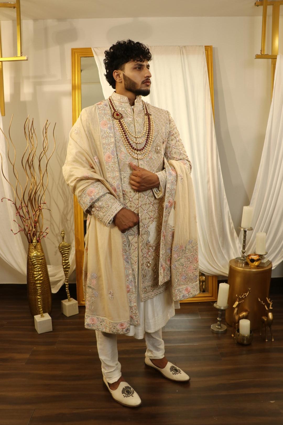 Cream raw silk zardozi work sherwani set