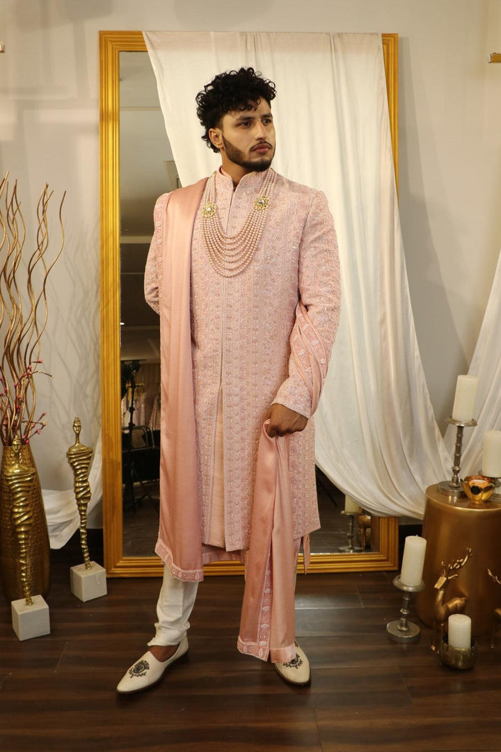 Light pink raw silk cutdana embroidered sherwani set