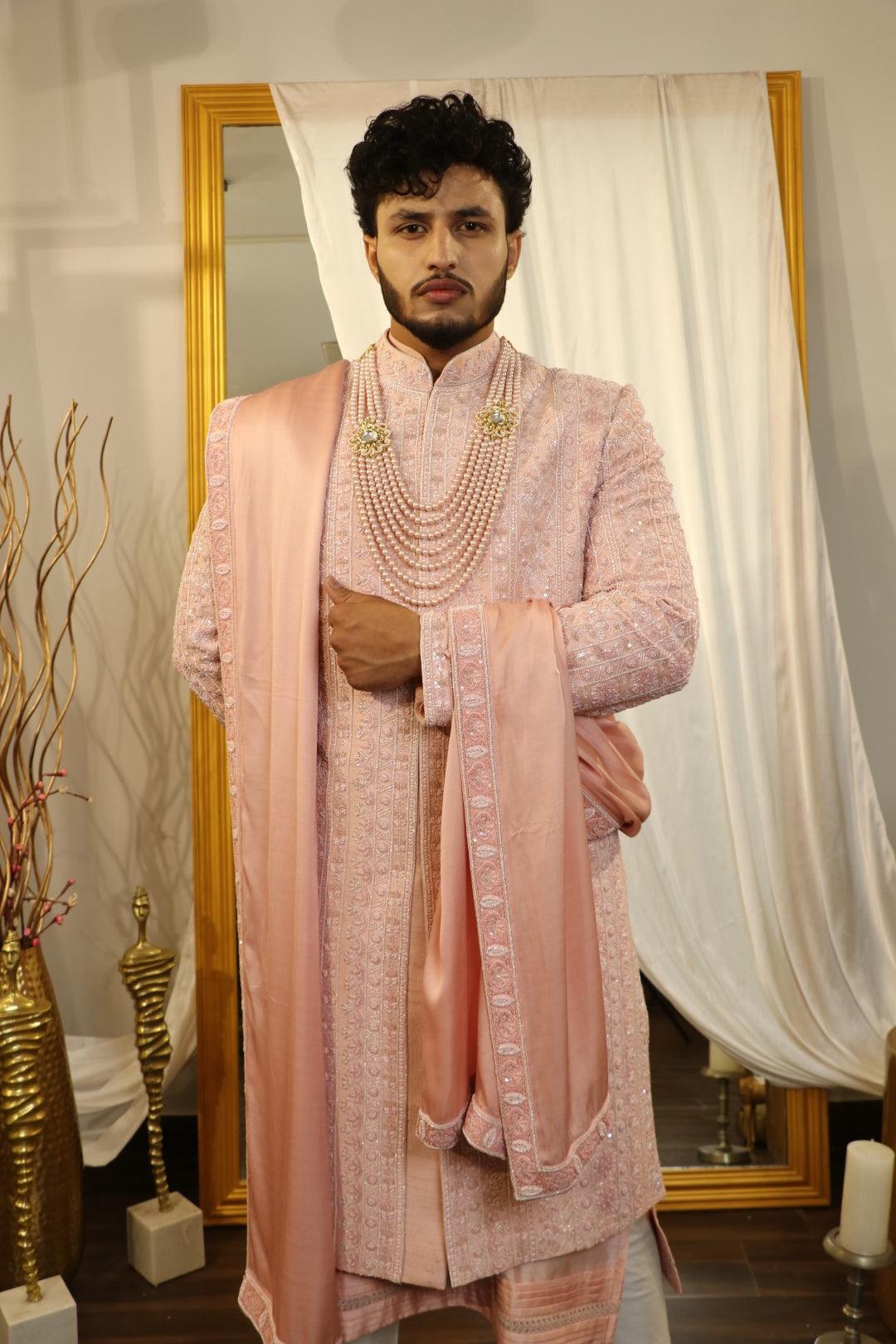 Light pink raw silk cutdana embroidered sherwani set