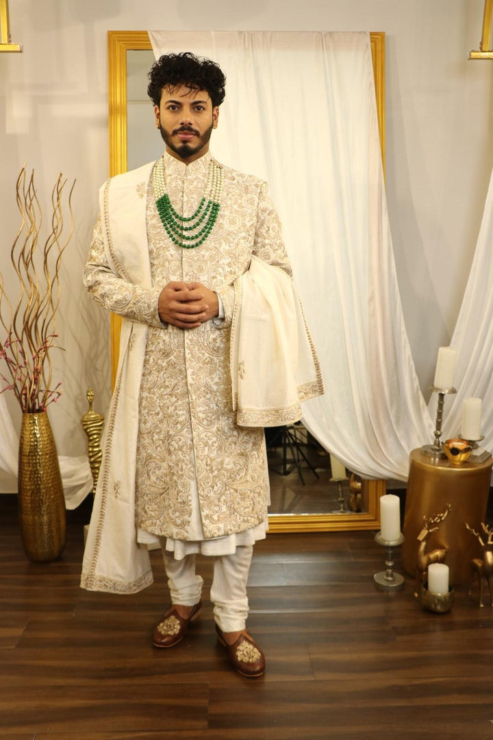 Ivory raw silk zardozi embroidered sherwani set