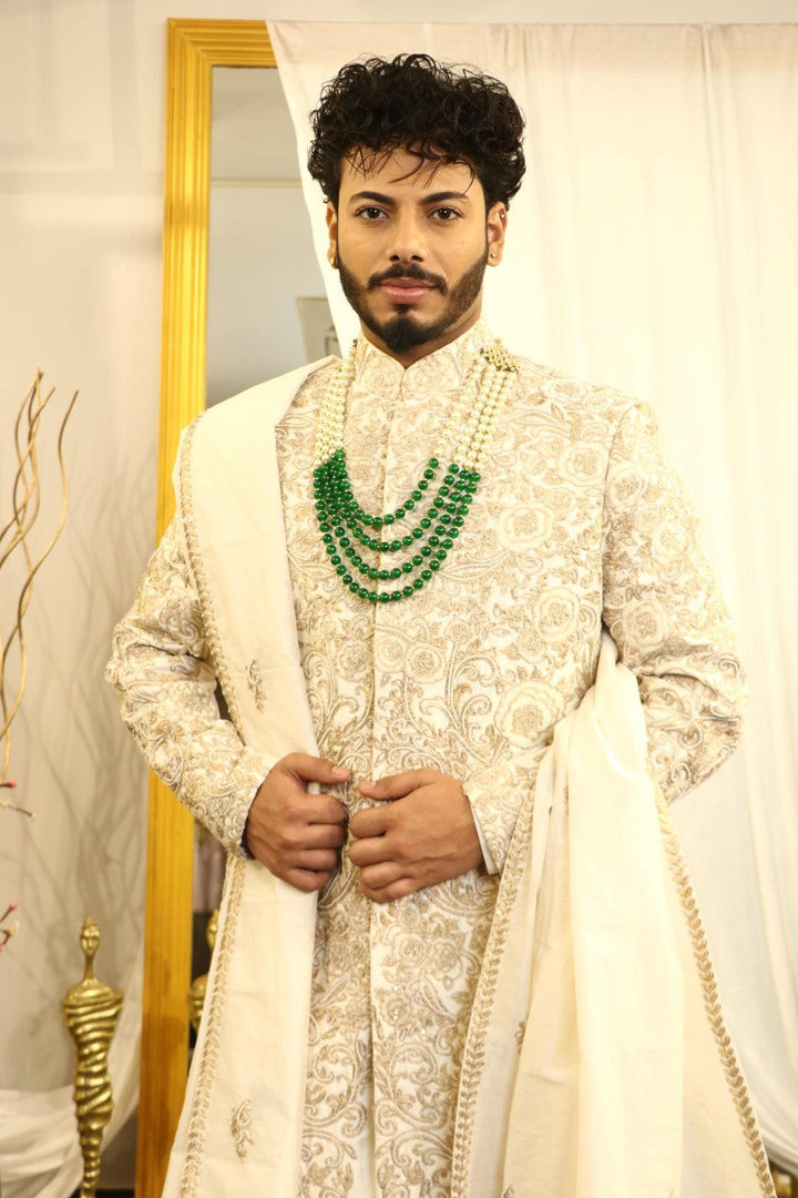 Ivory raw silk zardozi embroidered sherwani set