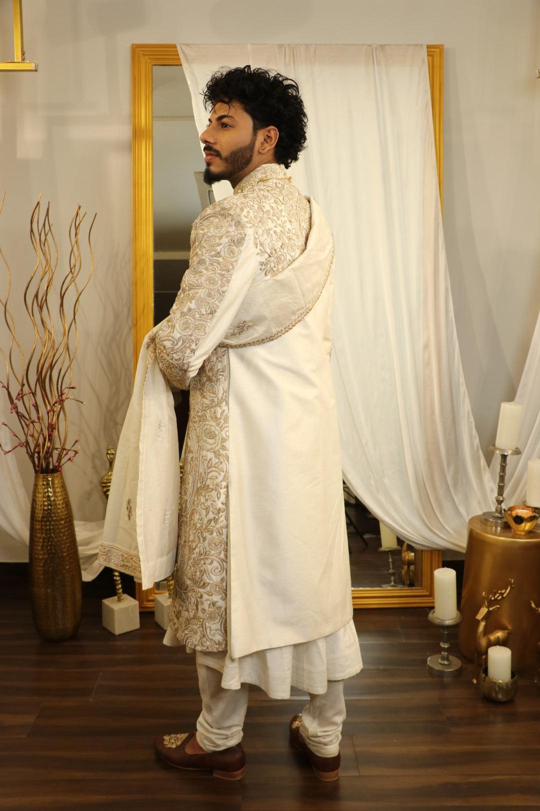 Ivory raw silk zardozi embroidered sherwani set