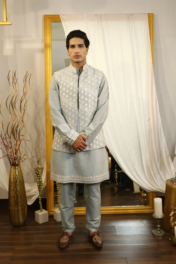 Ice Blue Cotton Silk Thread Embroidered Jacket With Kurta Set