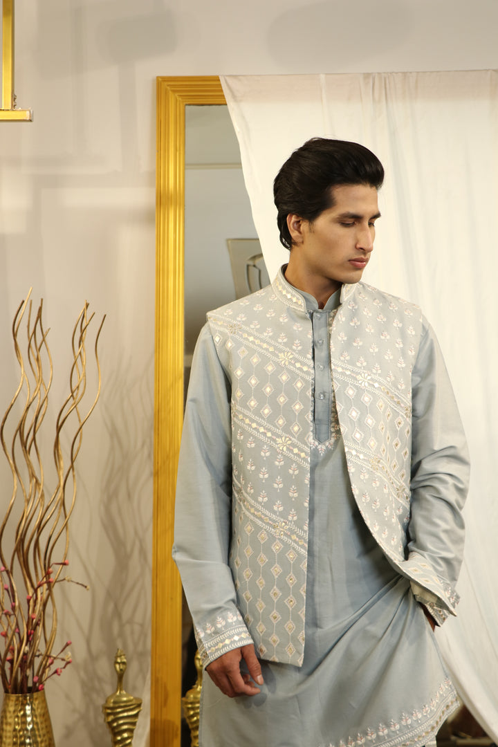 Ice Blue Cotton Silk Thread Embroidered Jacket With Kurta Set