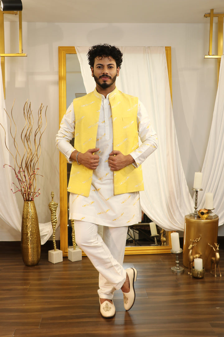 Ivory Cotton Silk Thread Embroidered Nahru Jacket With Kurta Set