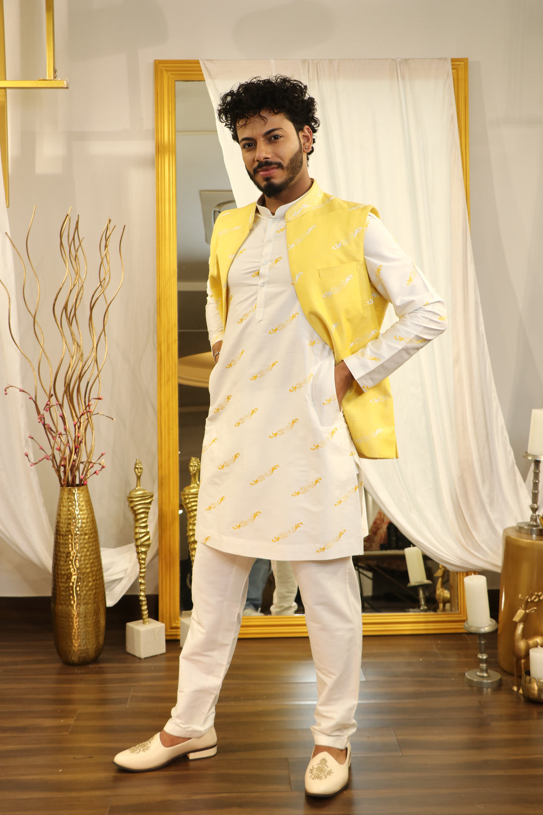 Ivory Cotton Silk Thread Embroidered Nahru Jacket With Kurta Set