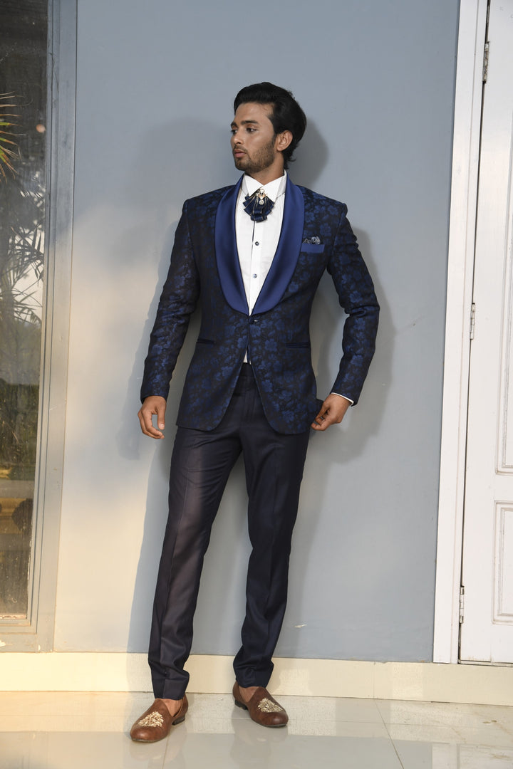 Navy blue Italian jacquard tuxedo set