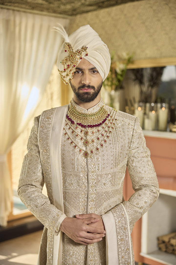 Men's Royal Raw Silk Sherwani Set with Intricate Handwork