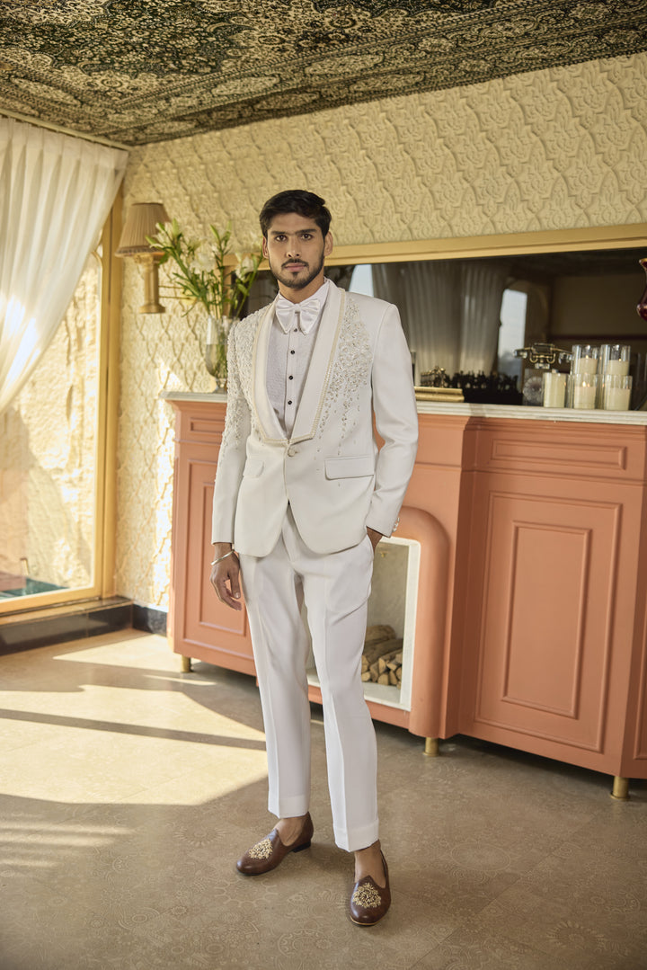 Ivory Japanese Tuxedo with Handcrafted Embroidery & Cut Dana Detailing