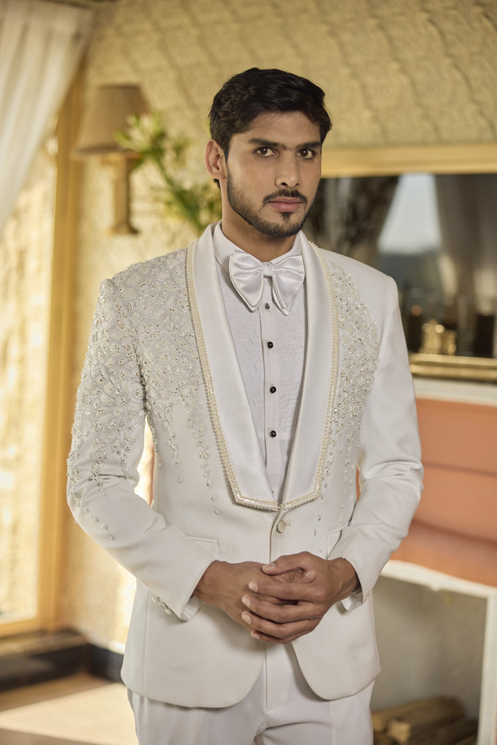 Ivory Japanese Tuxedo with Handcrafted Embroidery & Cut Dana Detailing