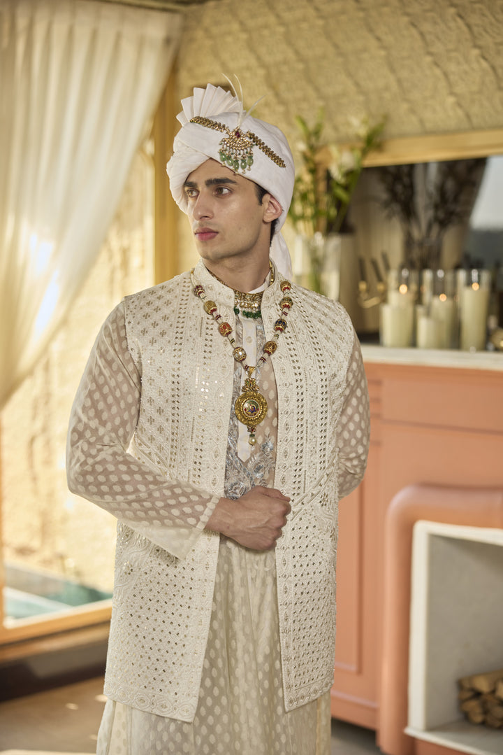 Elegant Ivory Raw Silk Fusion Wear with Embroidery & Sequin Detailing