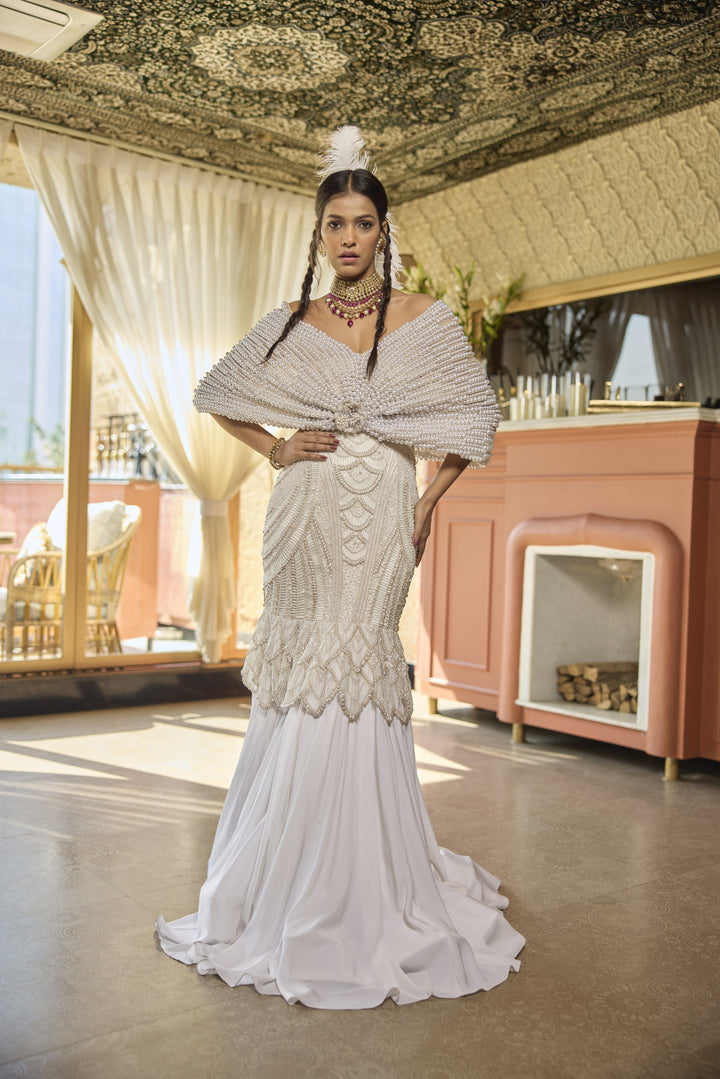 Elegant Pearl-Embellished Crepe Gown with Cape Design