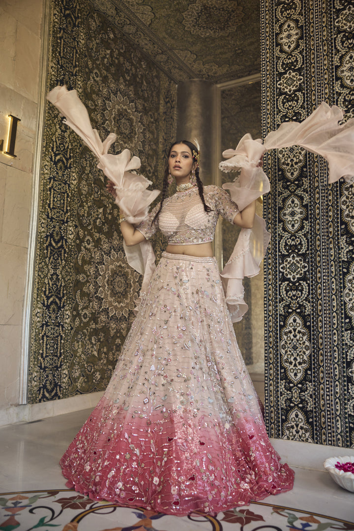 Mesmerizing Pink Ombre Net Lehenga with Swarovski & Sequin Magic