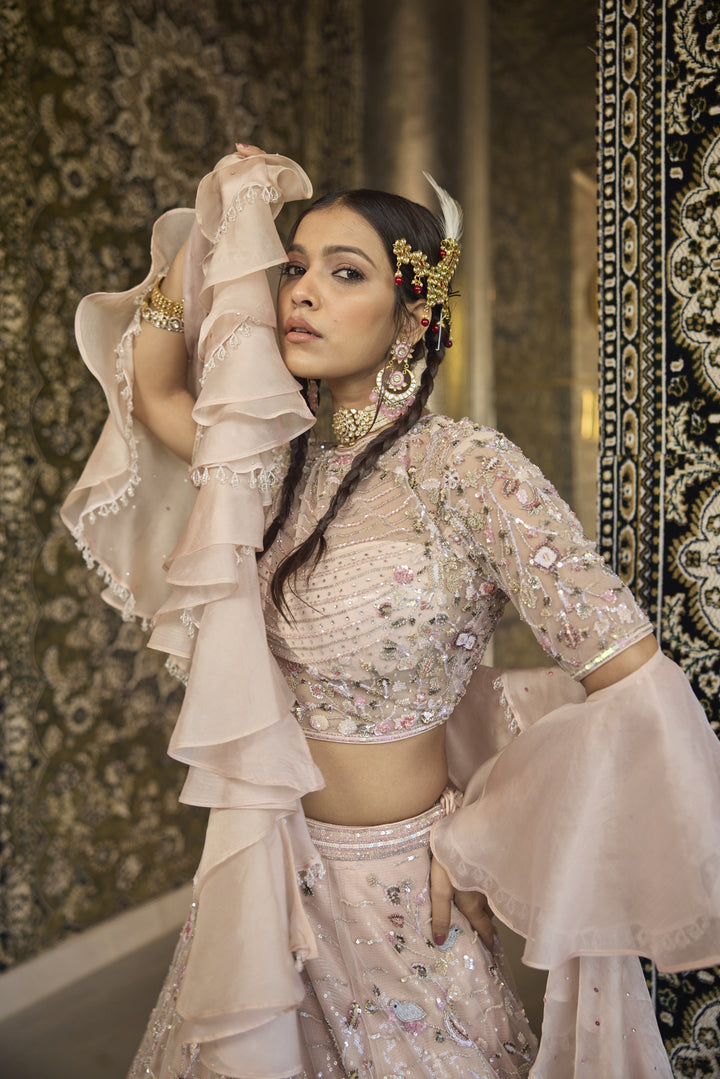 Mesmerizing Pink Ombre Net Lehenga with Swarovski & Sequin Magic