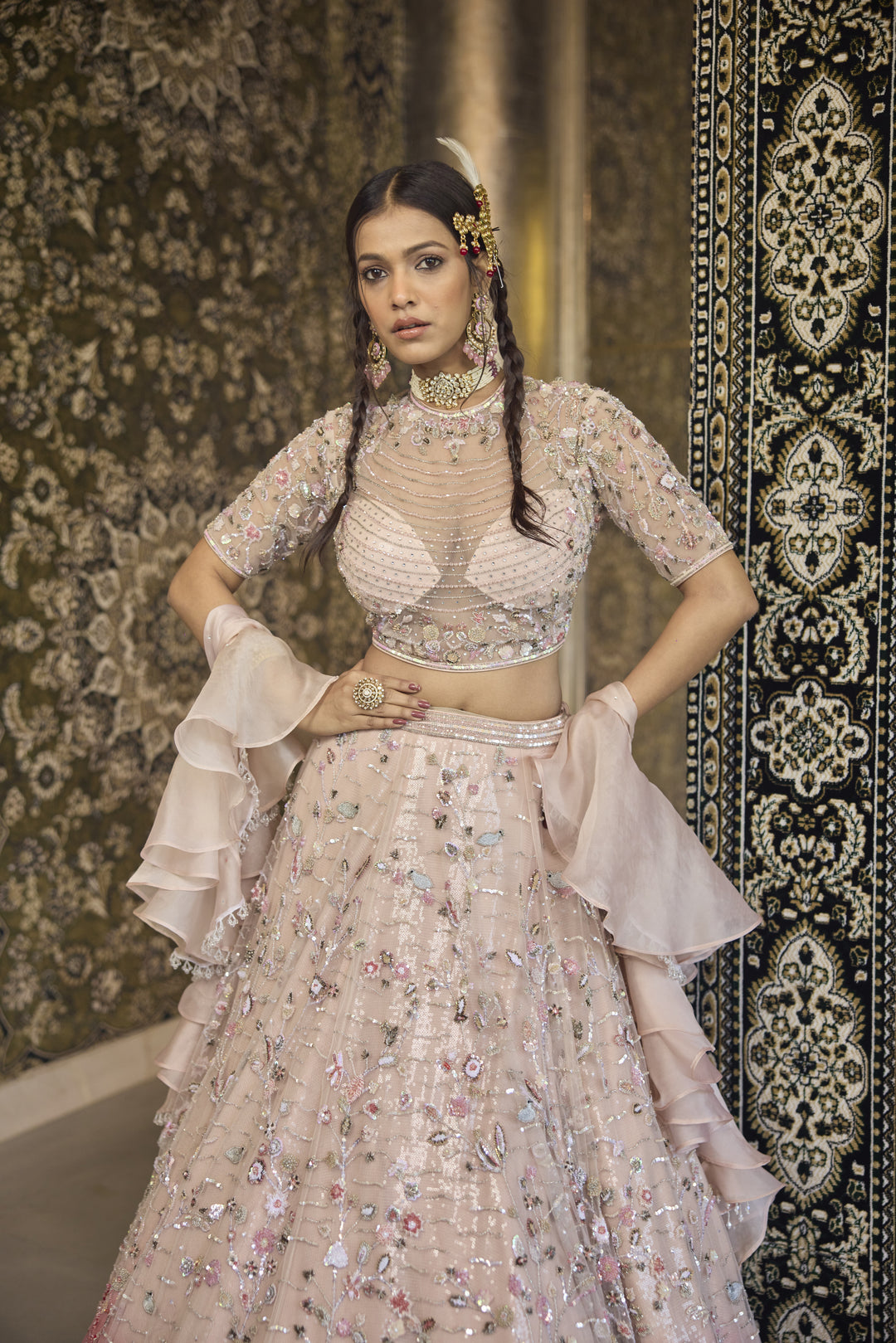 Mesmerizing Pink Ombre Net Lehenga with Swarovski & Sequin Magic