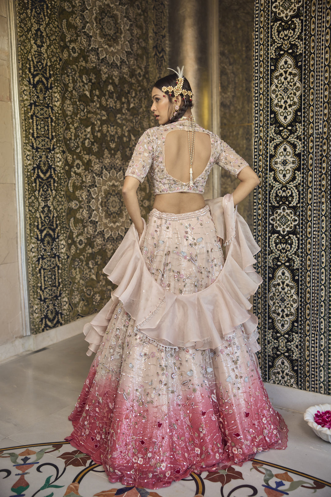 Mesmerizing Pink Ombre Net Lehenga with Swarovski & Sequin Magic