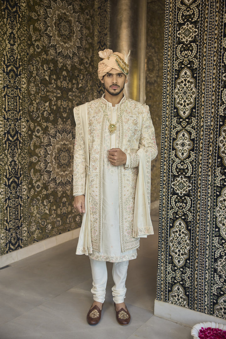 Regal Ivory Raw Silk Sherwani with Exquisite Handcrafted Embellishments