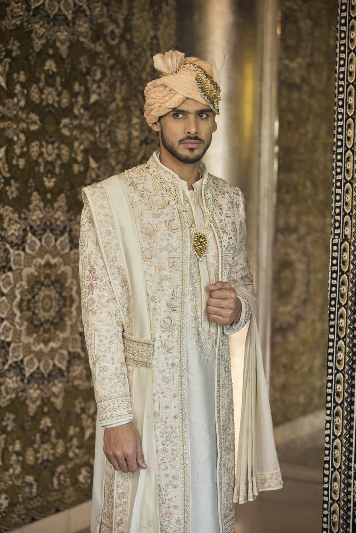 Regal Ivory Raw Silk Sherwani with Exquisite Handcrafted Embellishments