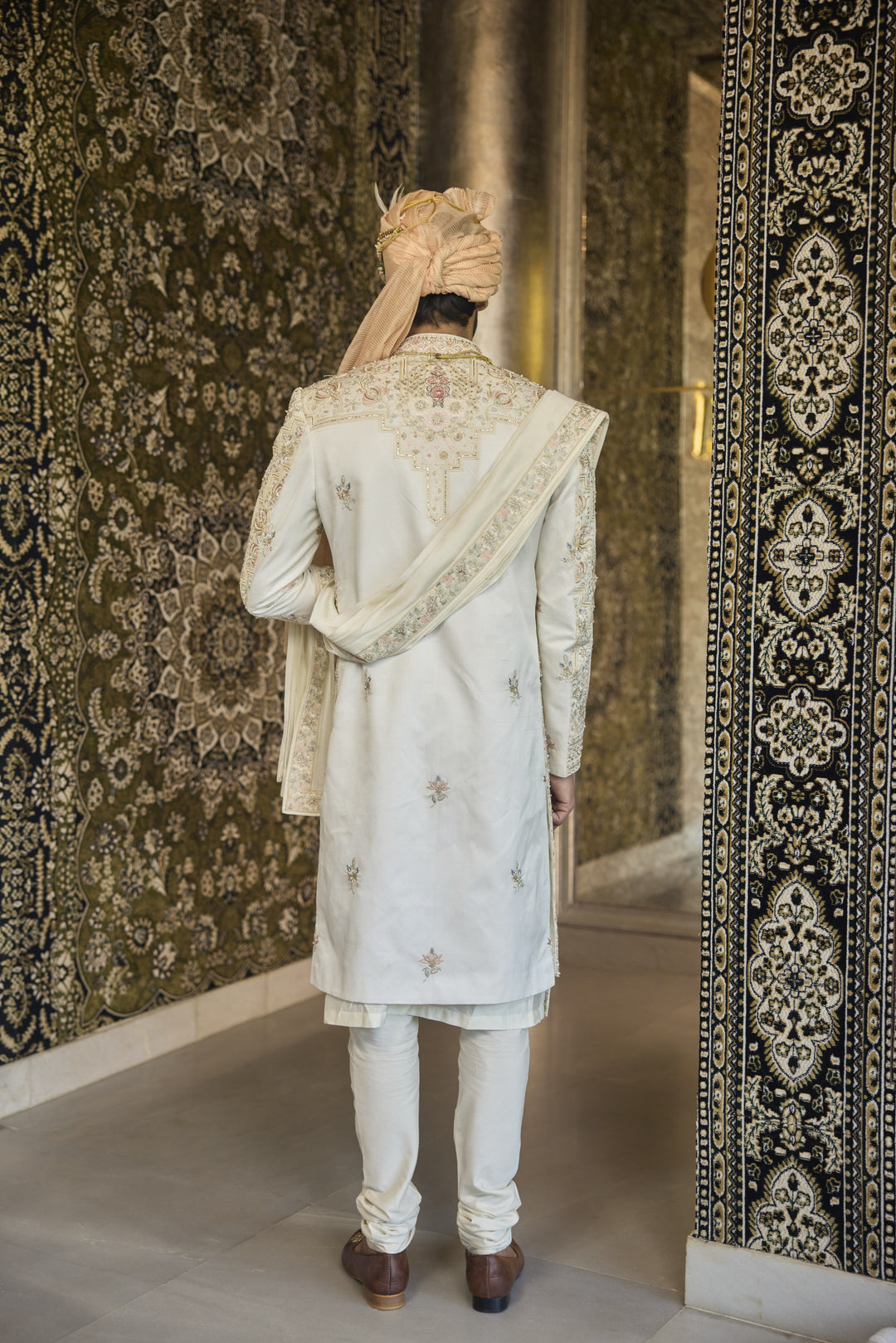 Regal Ivory Raw Silk Sherwani with Exquisite Handcrafted Embellishments