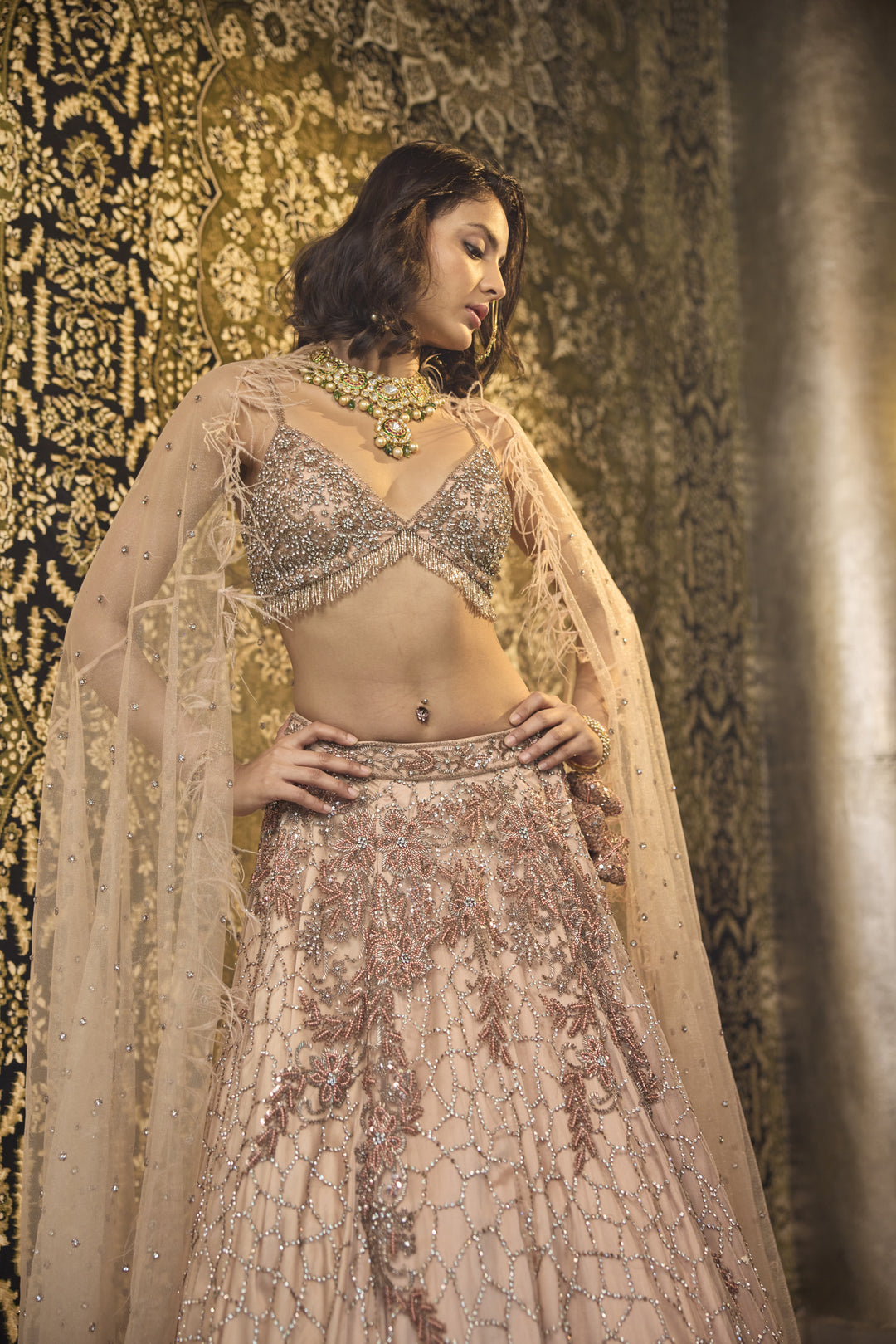 Enchanting Nude Net Lehenga with Swarovski & Sequin Splendor