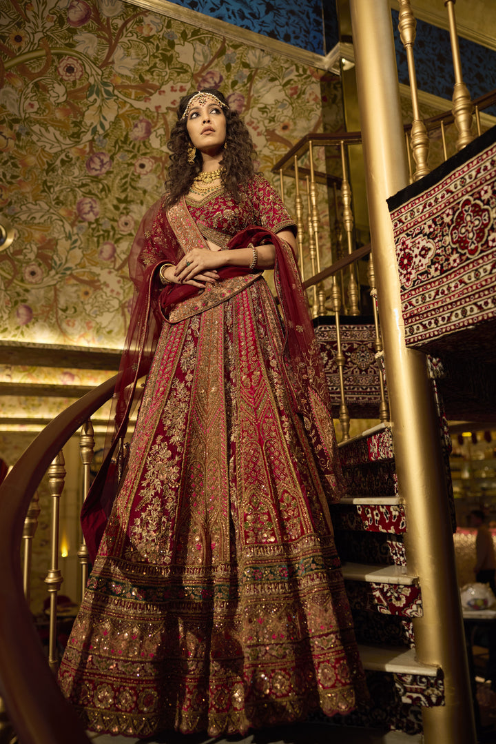 Exquisite Red Silk Tissue Bridal Lehenga with Zardozi Embroidery