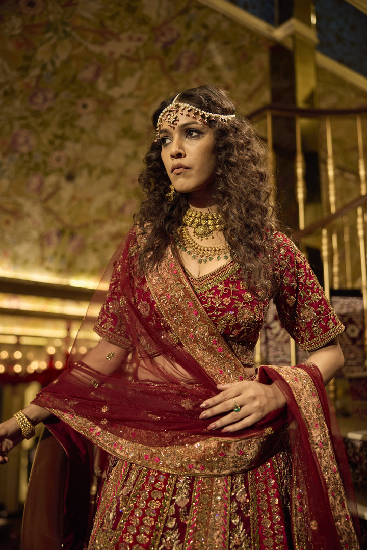 Exquisite Red Silk Tissue Bridal Lehenga with Zardozi Embroidery