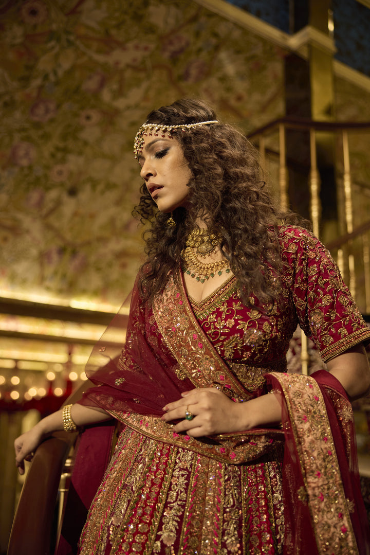 Exquisite Red Silk Tissue Bridal Lehenga with Zardozi Embroidery