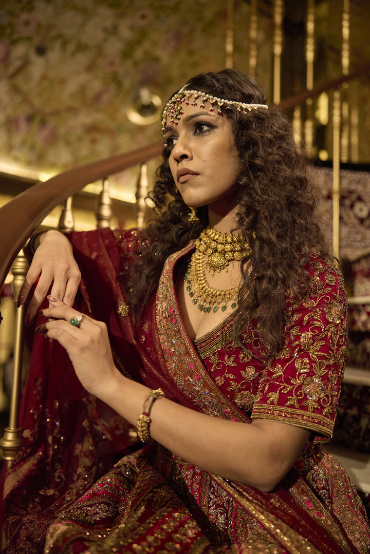 Exquisite Red Silk Tissue Bridal Lehenga with Zardozi Embroidery