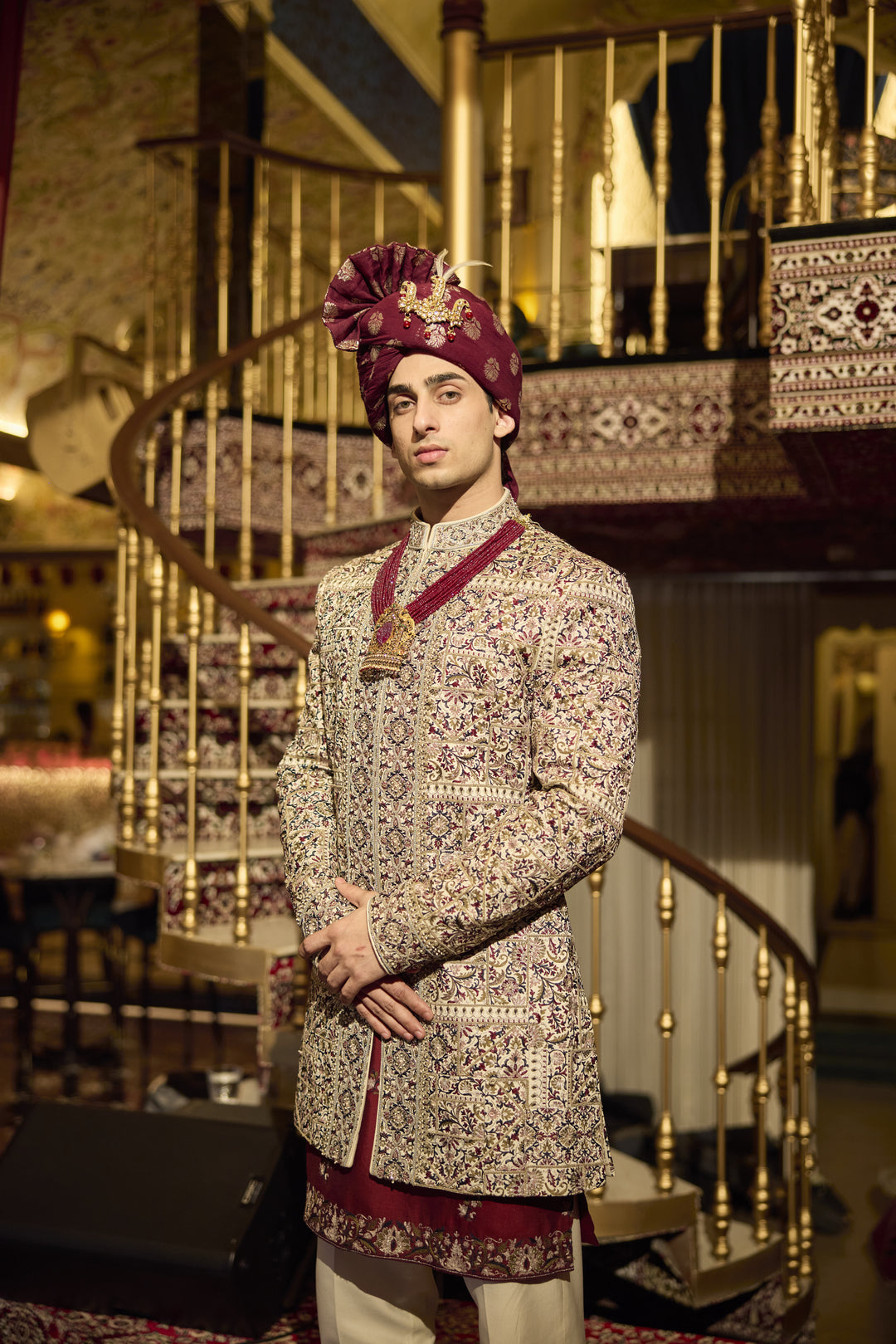 Regal Maroon & Gold Silk Indo-Western with Handcrafted Embellishments