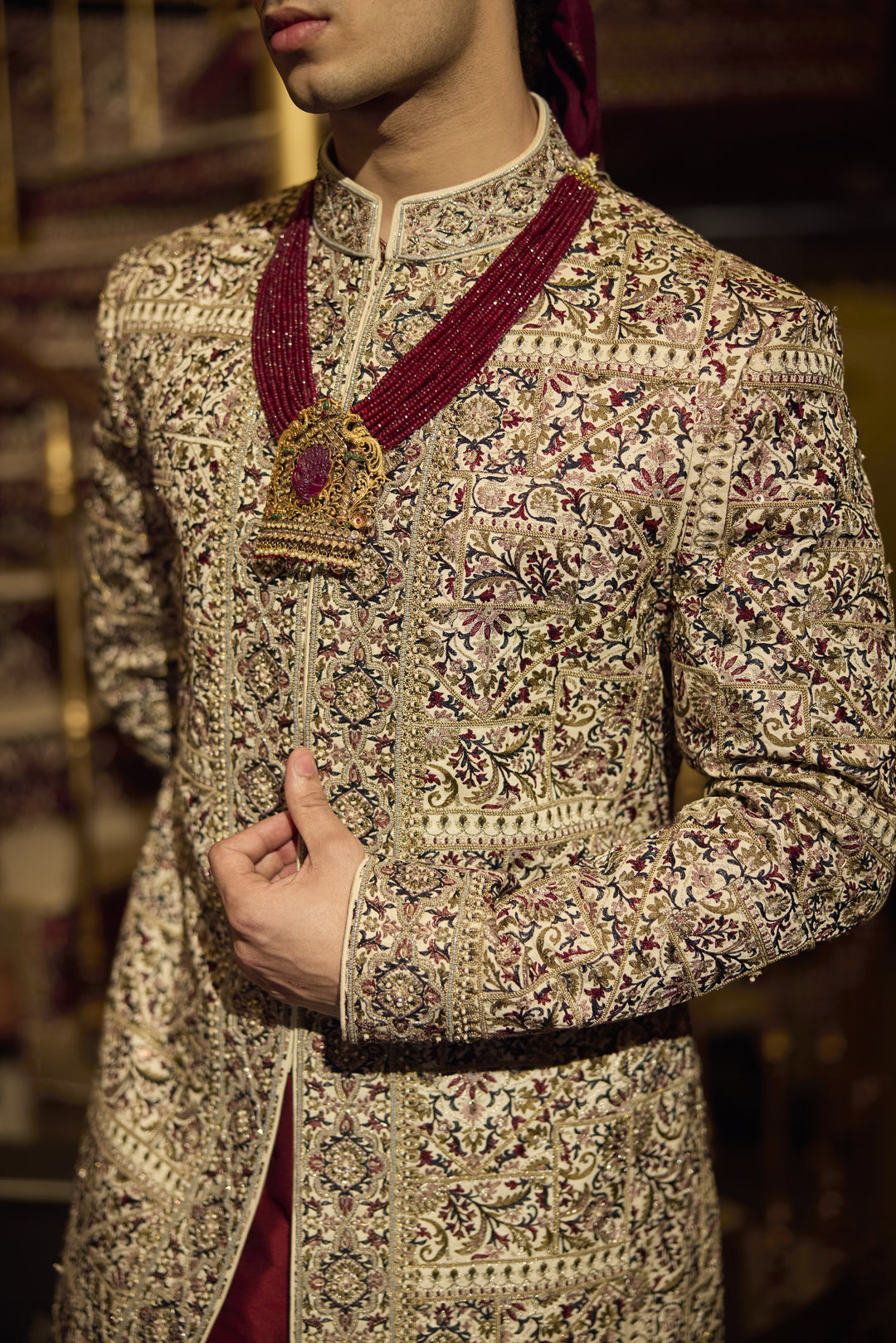 Regal Maroon & Gold Silk Indo-Western with Handcrafted Embellishments