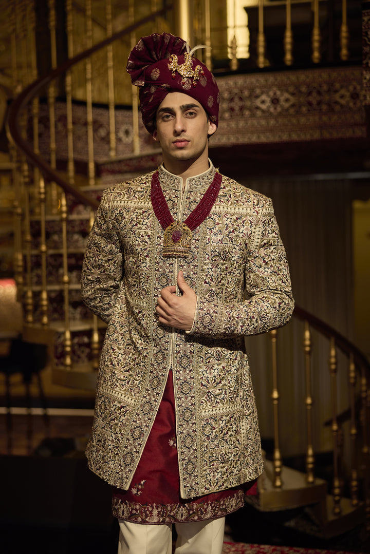 Regal Maroon & Gold Silk Indo-Western with Handcrafted Embellishments