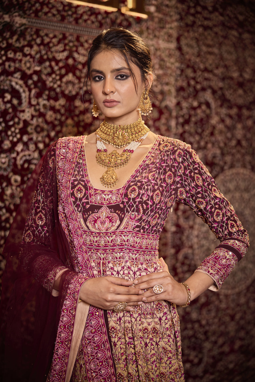 Elegant Maroon Anarkali Jacket Ensemble with Aari & Sequin Work